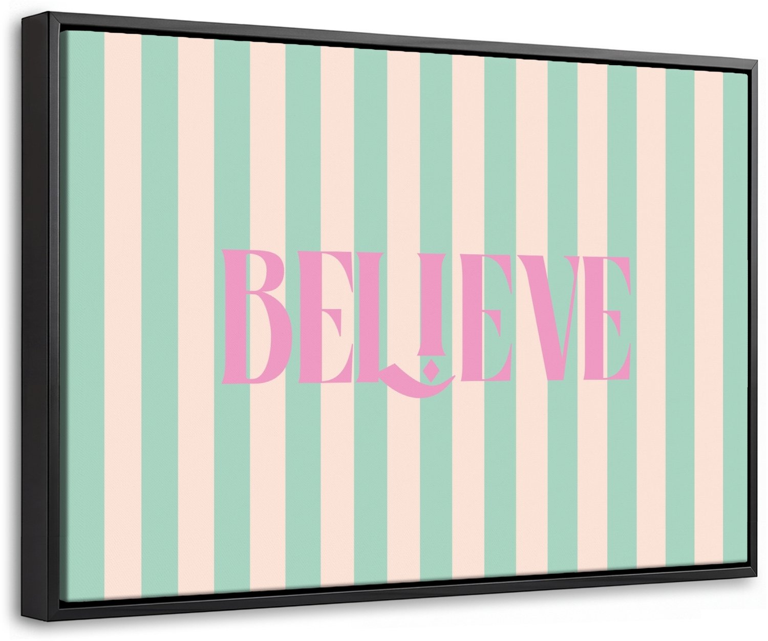 Canvas Schilderij met Baklijst 60x40cm - Roze - Groen - Strepen - Believe - Muurdecoratie woonkamer - Slaapkamer decoratie - Kamer accessoires - Schilderijen op canvas met lijst