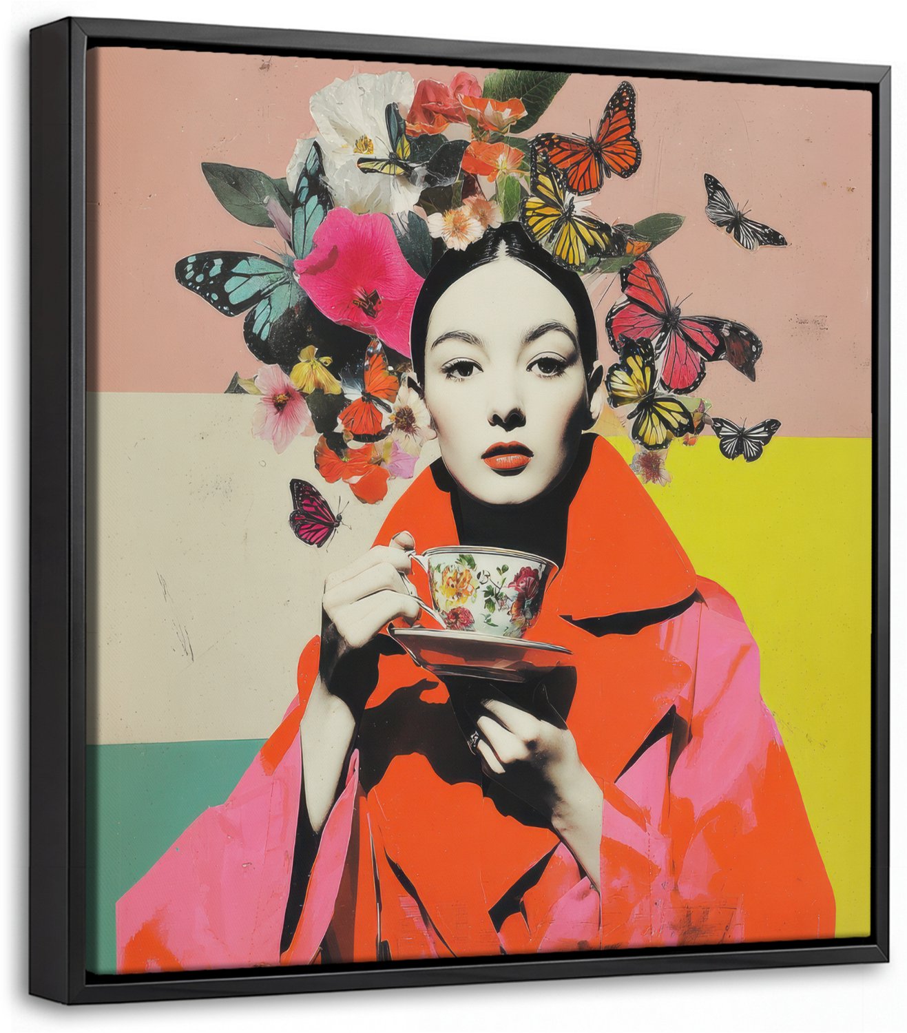 Canvas Schilderij met Baklijst 20x20cm - Retro - Vrouw - Kopje - Vlinders - Muurdecoratie woonkamer - Slaapkamer decoratie - Kamer accessoires - Schilderijen op canvas met lijst