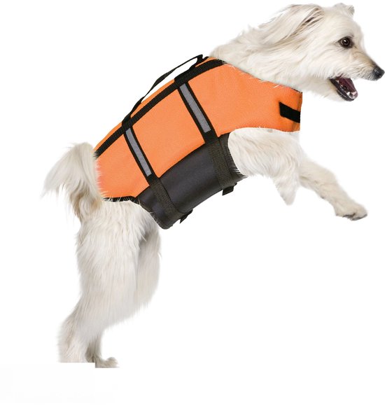 Witte hond draagt een feloranje Flamingo Marinus zwemvest met zwarte banden en reflecterende accenten.