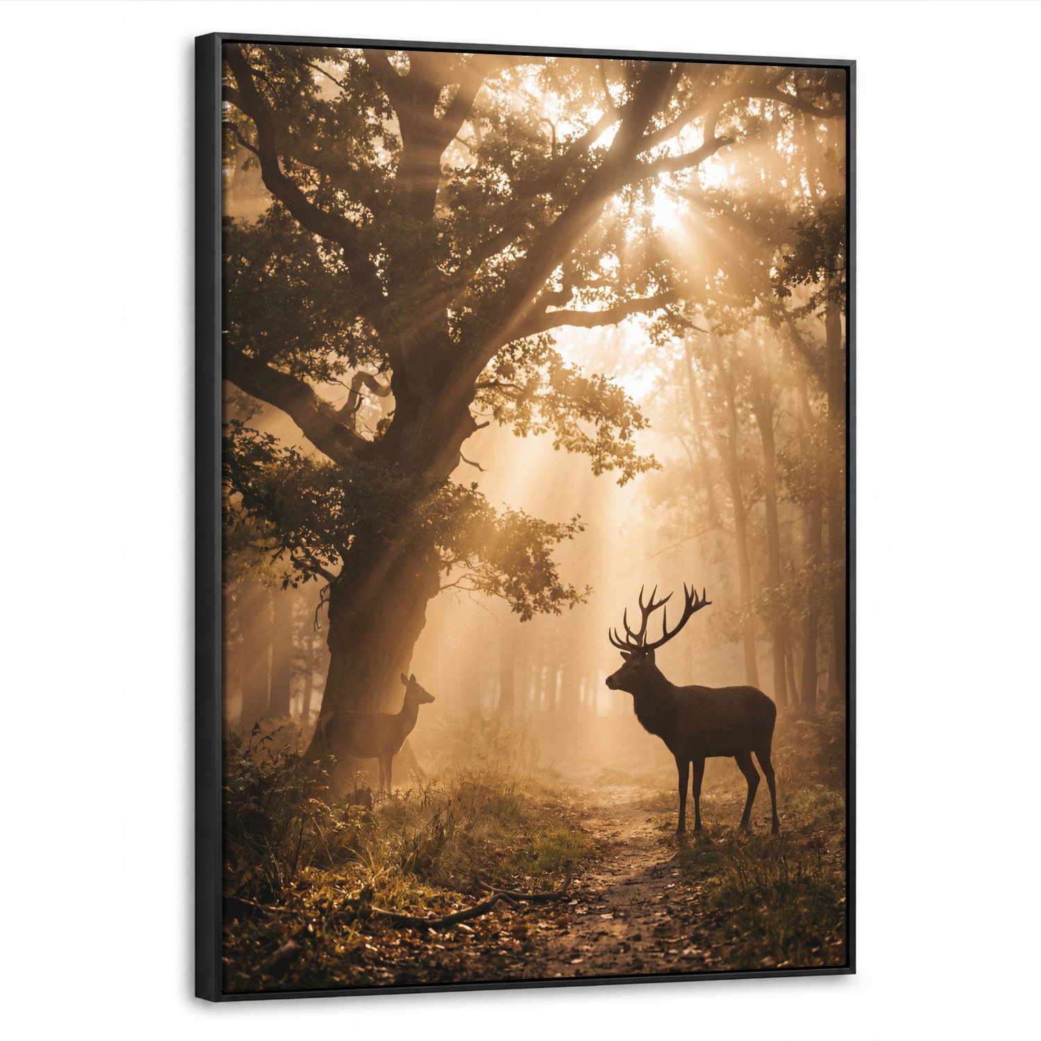 Canvas Schilderij met Baklijst 70x100cm - Hert - Bos - Mistig - Natuur - Goud - Muurdecoratie woonkamer - Slaapkamer decoratie - Kamer accessoires - Schilderijen op canvas met lijst