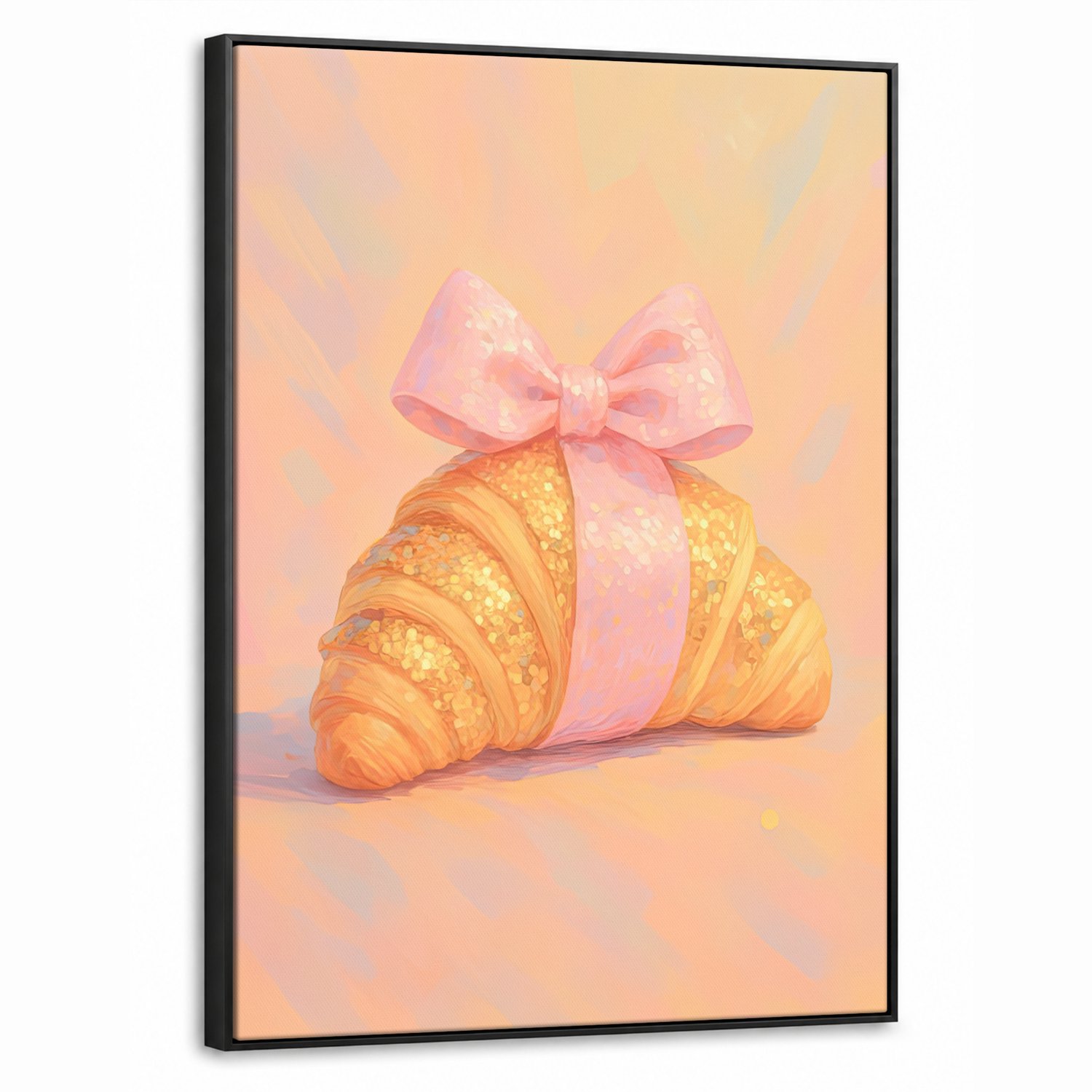 Canvas Schilderij met Baklijst 70x100cm - Croissant - Strik - Roze - Muurdecoratie woonkamer - Slaapkamer decoratie - Kamer accessoires - Schilderijen op canvas met lijst