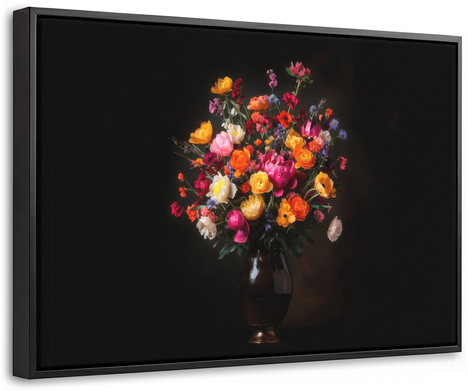 Canvas Schilderij met Baklijst 60x40cm - Kleurrijk - Boeket - Vaas - Donkerbruin - Muurdecoratie woonkamer - Slaapkamer decoratie - Kamer accessoires - Schilderijen op canvas met lijst