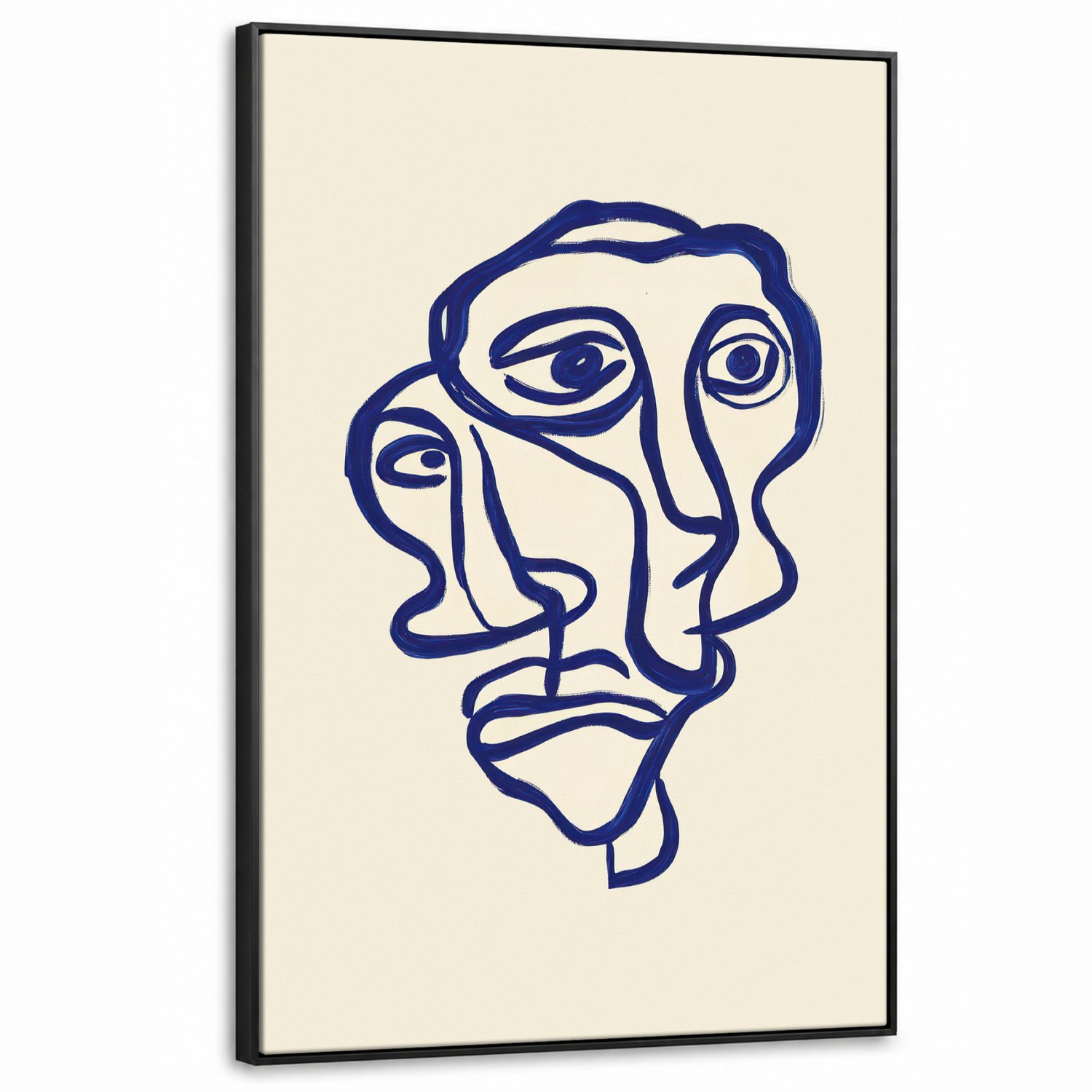 Canvas Schilderij met Baklijst XXL Canvas Schilderij met Baklijst 90x140cm - Lijntekening - Overlappende gezichten - Donkerblauw - Muurdecoratie woonkamer - Slaapkamer decoratie - Kamer accessoires - Schilderijen op canvas met lijst groot