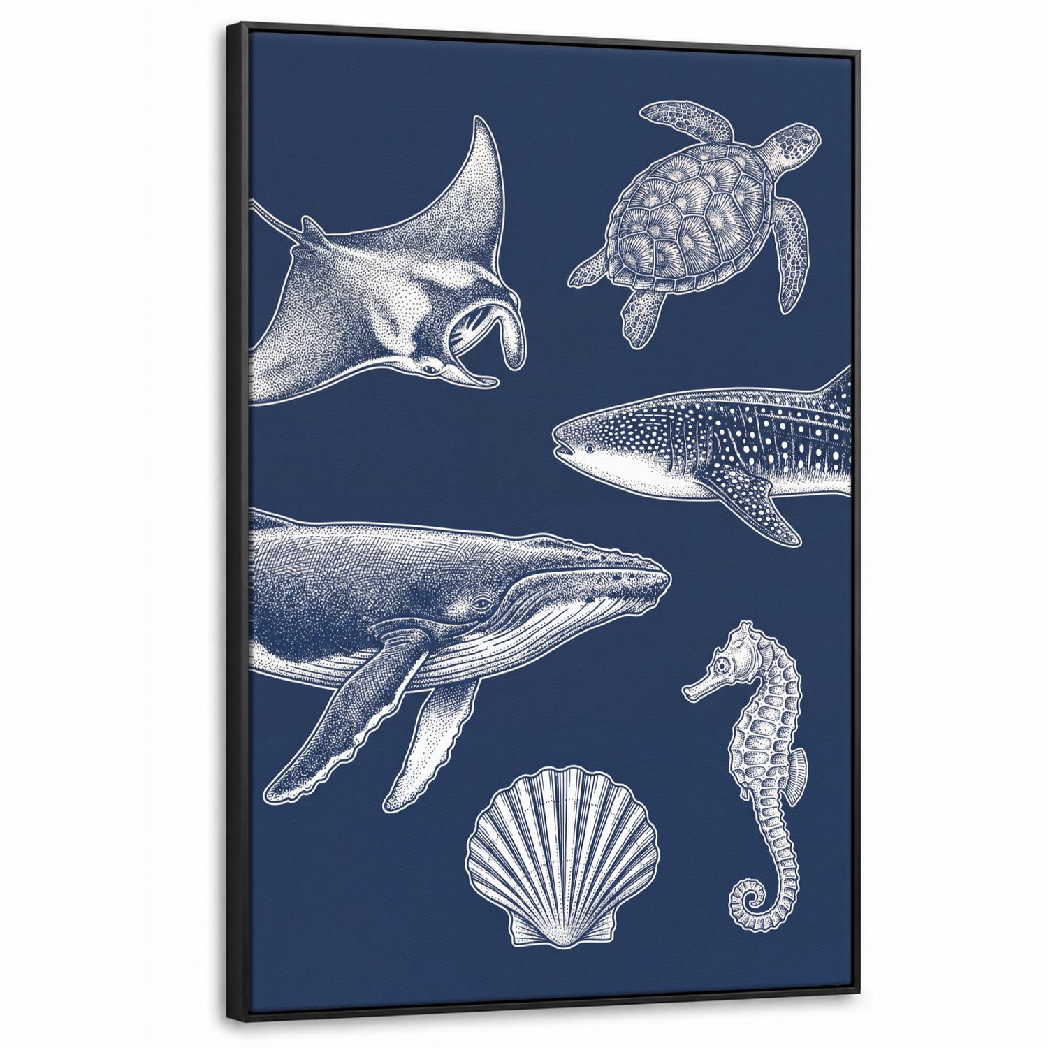 Canvas Schilderij met Baklijst XXL Canvas Schilderij met Baklijst 80x120cm - Dieren - Zeeleven - Oceaan - Graveren - Blauw - Muurdecoratie woonkamer - Slaapkamer decoratie - Kamer accessoires - Schilderijen op canvas met lijst groot