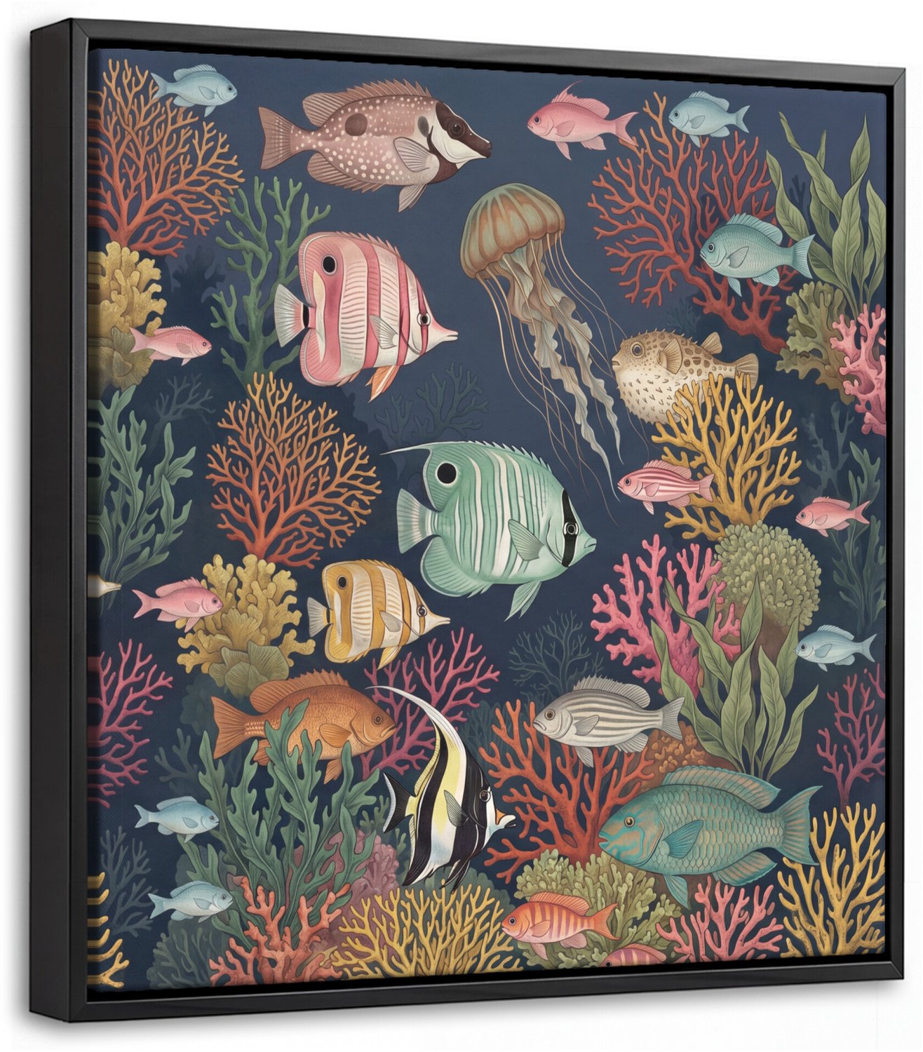 Canvas Schilderij met Baklijst 20x20cm - Onderwaterwereld - Vissen - Koraal - Illustratie - Kleurrijk - Muurdecoratie woonkamer - Slaapkamer decoratie - Kamer accessoires - Schilderijen op canvas met lijst