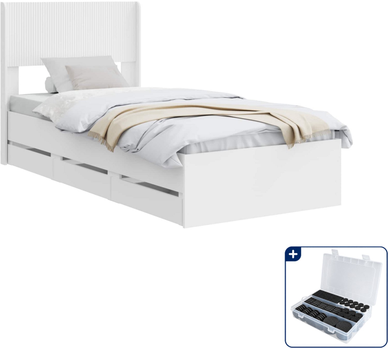 vidaXL bedframe met opbergruimte - 75 x 190 cm - bewerkt hout - wit - Inclusief antikrasvilt 177-delig