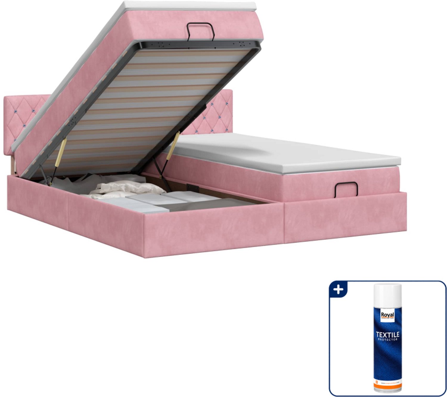 vidaXL ottoman bed - queensize - 203 x 160 x 88 cm - fluweel - roze - Inclusief textielbeschermer 500 ml