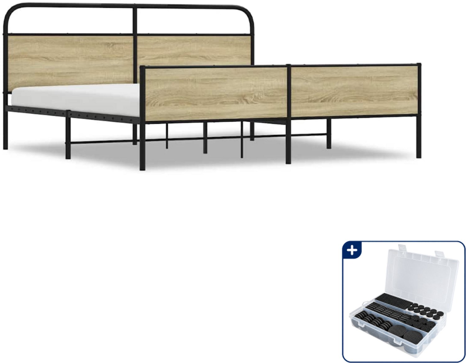 vidaXL bedframe - 200 x 200 cm - staal en bewerkt hout - sonoma eiken - Inclusief antikrasvilt 177-delig Bruin