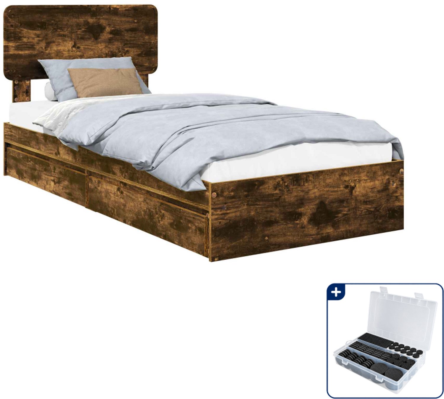 vidaXL opbergbed - 90 x 200 cm - bewerkt hout - gerookt eiken - Inclusief antikrasvilt 177-delig Lichtgrijs