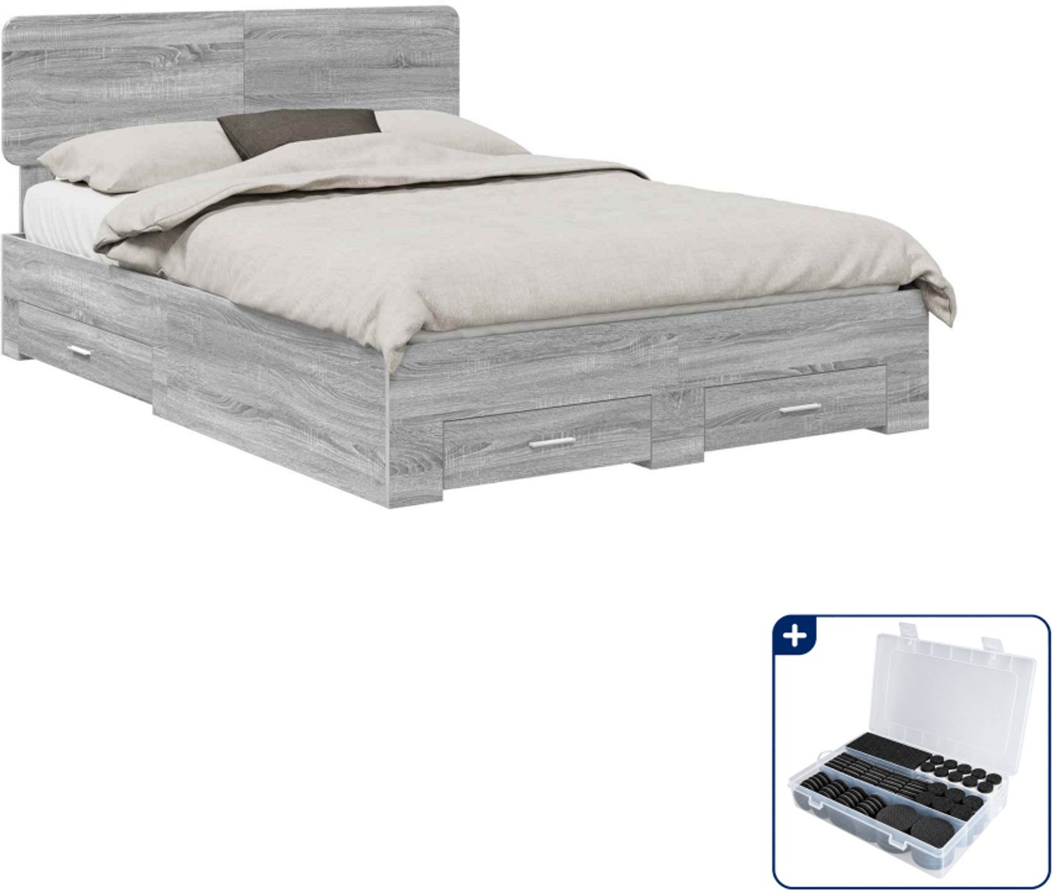 vidaXL Bedframe - 140 x 190 cm - bewerkt hout - grijs sonoma - Inclusief antikrasvilt 177-delig