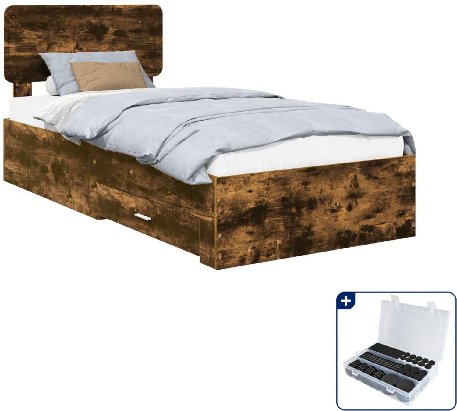 vidaXL bedframe - 75 x 190 cm - bewerkt hout - gerookt eiken - Inclusief antikrasvilt 177-delig Roze