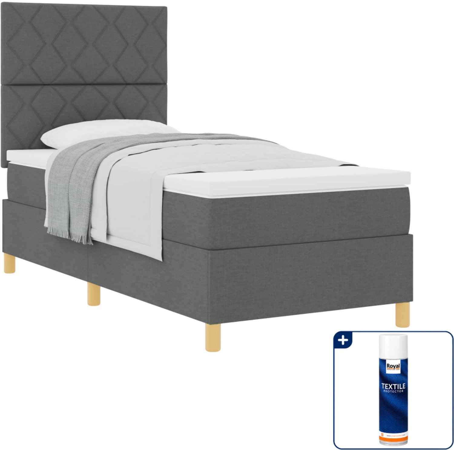 vidaXL boxspringbed - 90 x 200 cm - stof - donkergrijs - Inclusief textielbeschermer 500 ml