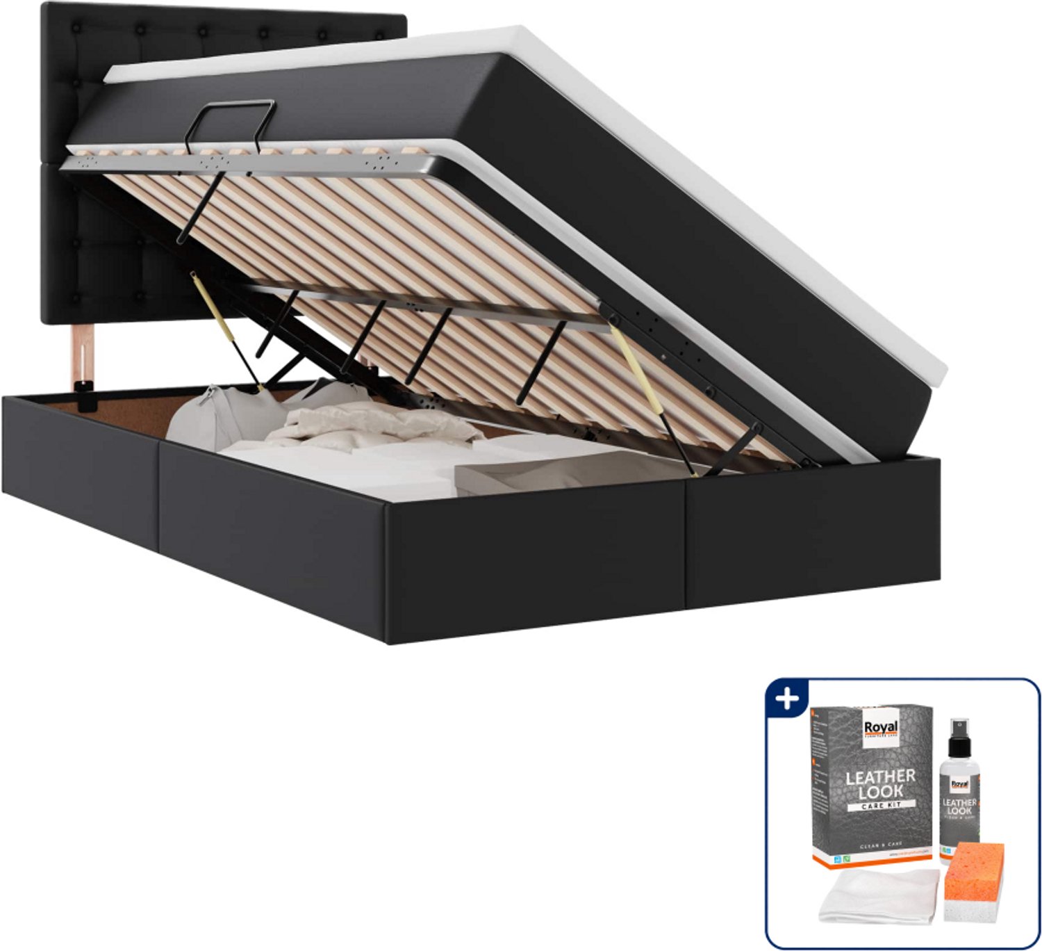 vidaXL Opbergbed met matras en topper - 120 x 200 cm - zwart - Inclusief onderhoudsset voor kunstleer 150 ml Grijs