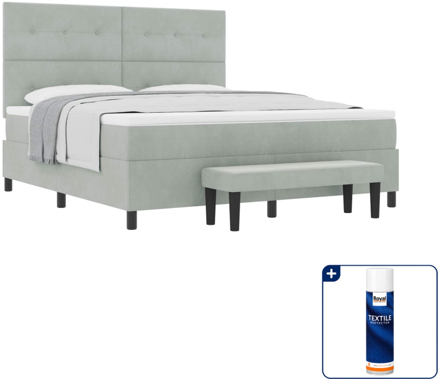 vidaXL boxspring Kingsize - 180 x 200 cm - fluweel - lichtgrijs - Inclusief textielbeschermer 500 ml