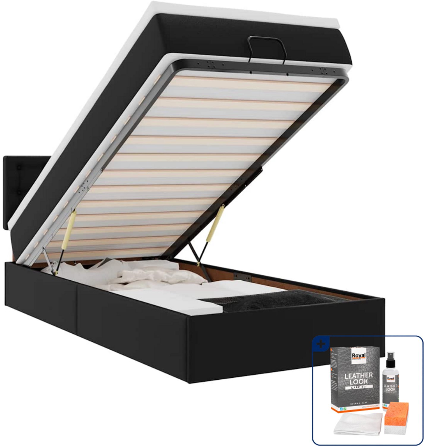 vidaXL ottoman bed met matras en LED - 90 x 200 cm - kunstleer - zwart - Inclusief onderhoudsset voor kunstleer 150 ml Grijs