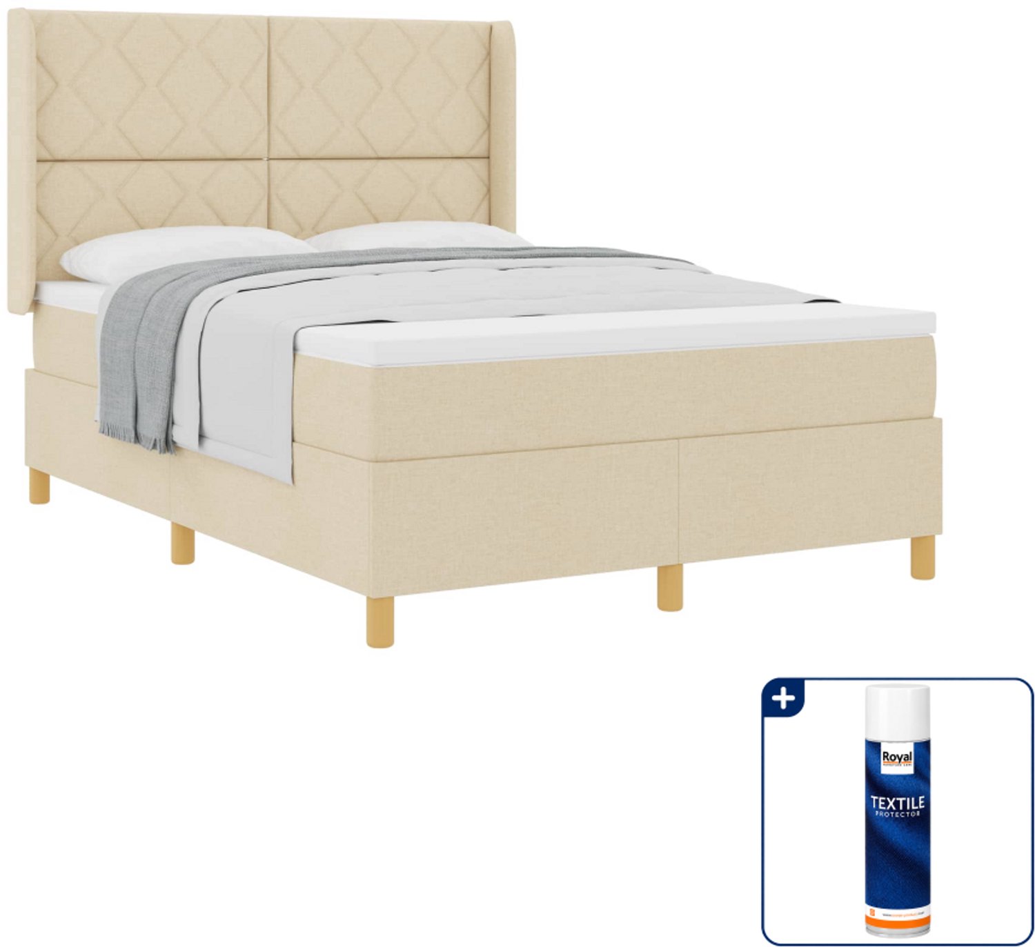 vidaXL boxspringbed - 140 x 190 cm - crème - stof - Inclusief textielbeschermer 500 ml