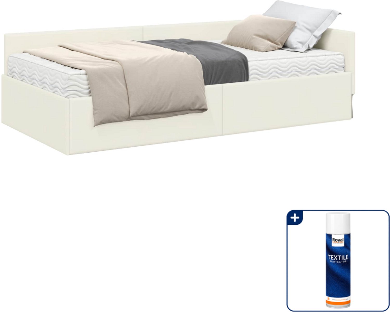 vidaXL hoekbedframe met matras - 90 x 190 cm - fluweel - crème - Inclusief textielbeschermer 500 ml