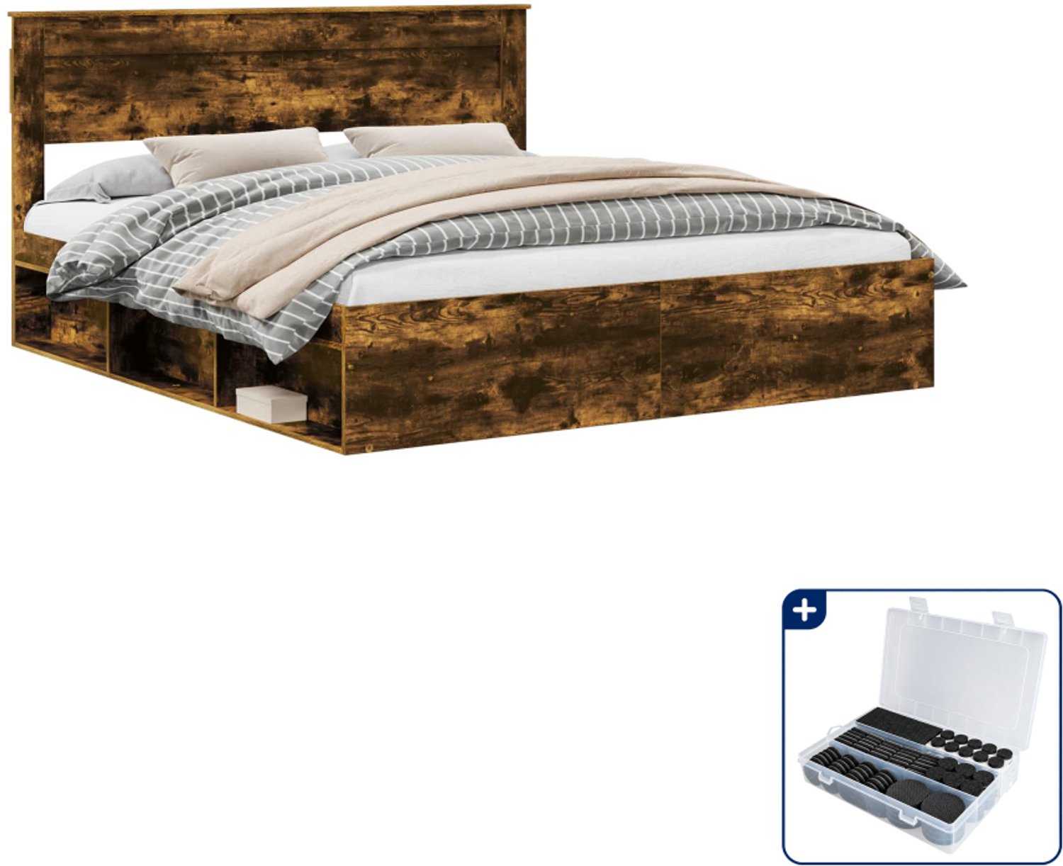 vidaXL bedframe - 200 x 200 cm - bewerkt hout - gerookt eiken - Inclusief antikrasvilt 177-delig Zwart