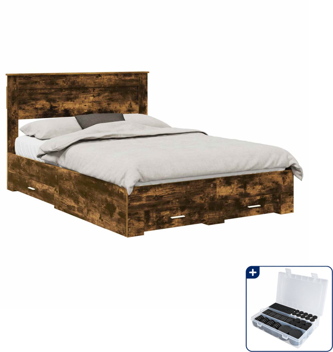 vidaXL bedframe - 150 x 200 cm - bewerkt hout - gerookt eiken - Inclusief antikrasvilt 177-delig Bruin