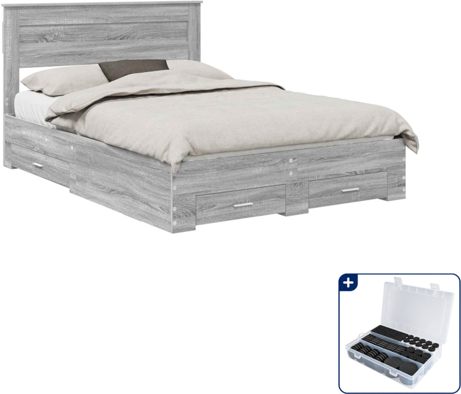 vidaXL bedframe met lade - 150 x 200 cm - bewerkt hout - grijs sonoma - Inclusief antikrasvilt 177-delig