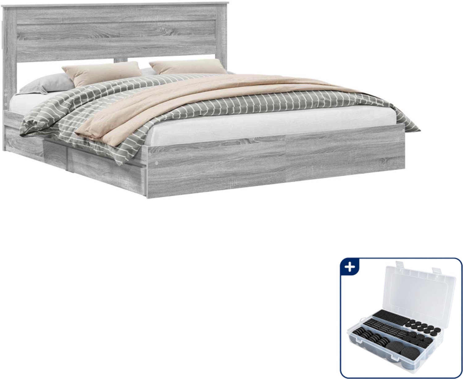 vidaXL opbergbed - 200 x 200 cm - bewerkt hout - grijs sonoma - Inclusief antikrasvilt 177-delig