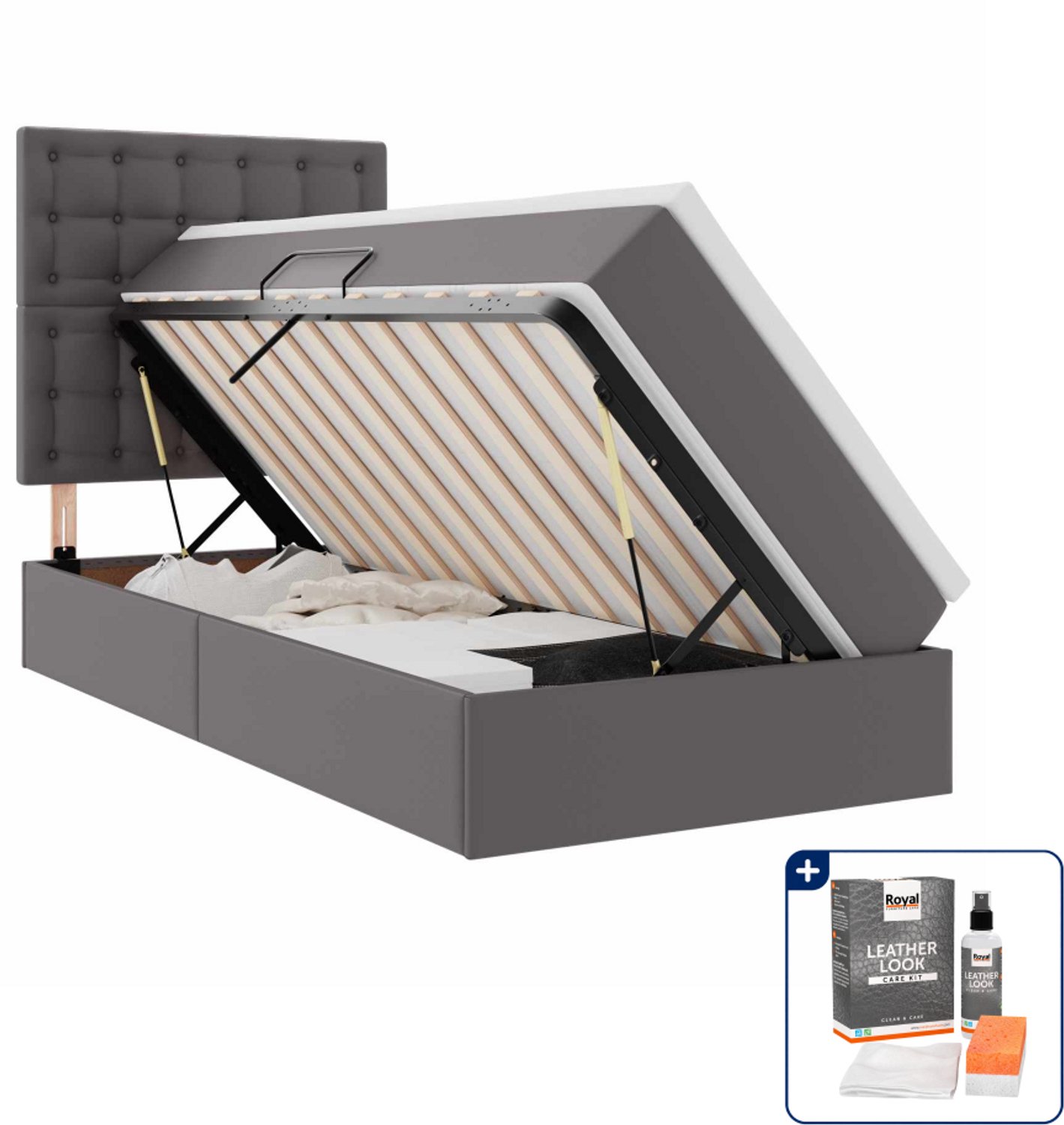 vidaXL opbergbed met matras en led - 90 x 190 cm - kunstleer - grijs - Inclusief onderhoudsset voor kunstleer 150 ml
