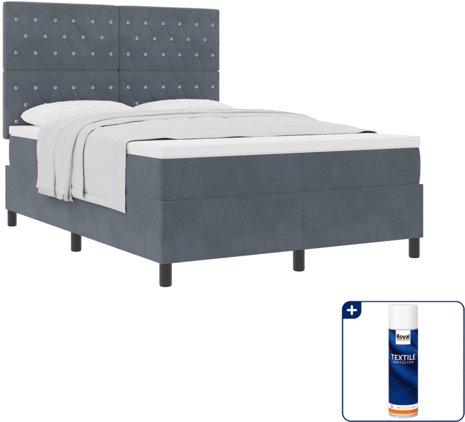 vidaXL boxspringbed met matras - 140 x 190 cm - fluweel - donkergrijs - Inclusief textielbeschermer 500 ml
