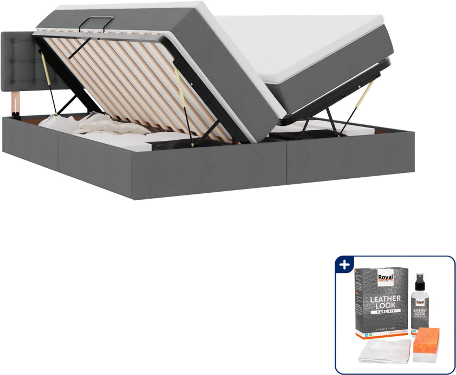 vidaXL opbergbed met matras - 200 x 200 cm - kunstleer - donkergrijs - Inclusief onderhoudsset voor kunstleer 150 ml Groen