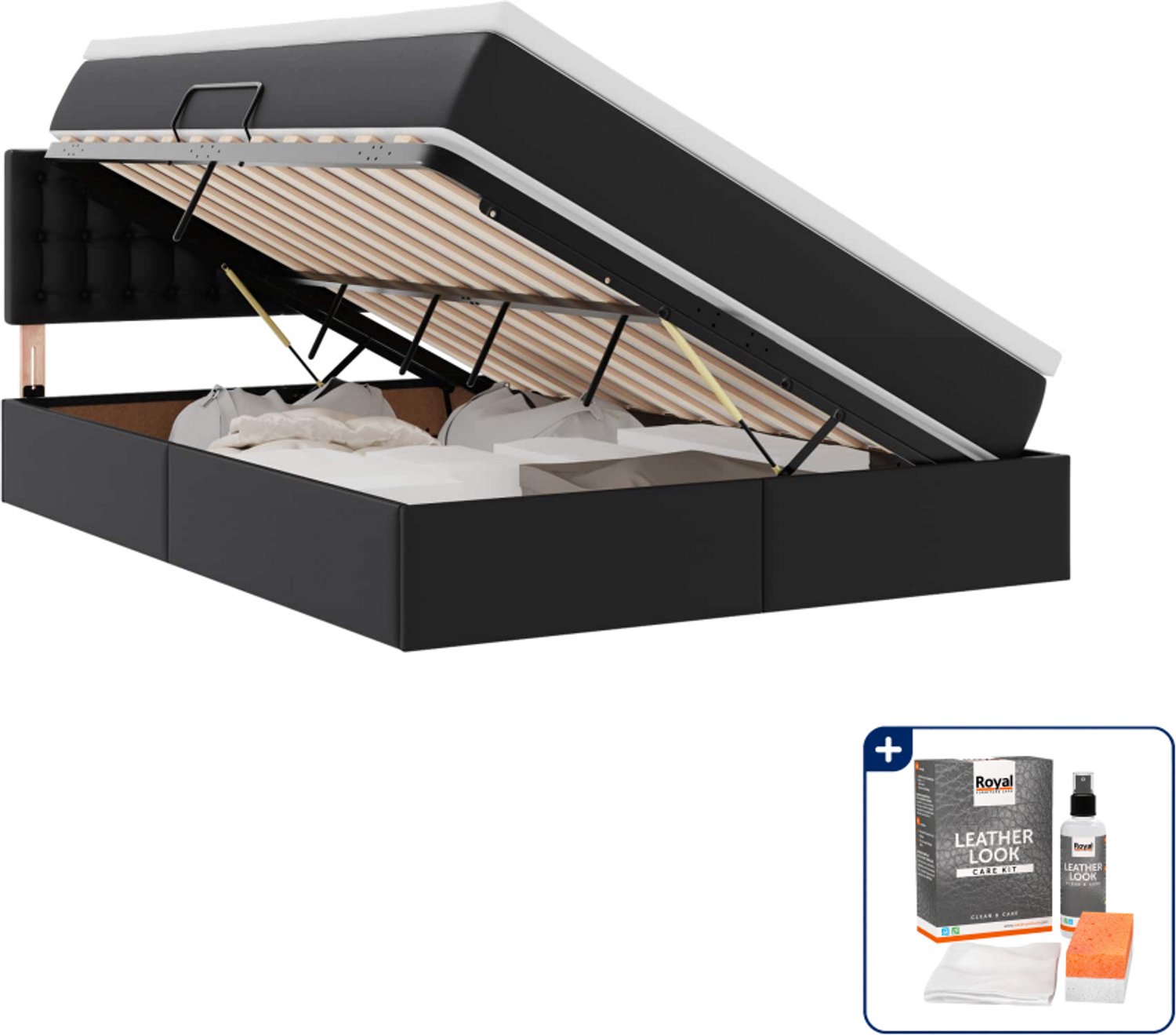 vidaXL opbergbed met matras - 140 x 190 cm - zwart - Inclusief onderhoudsset voor kunstleer 150 ml