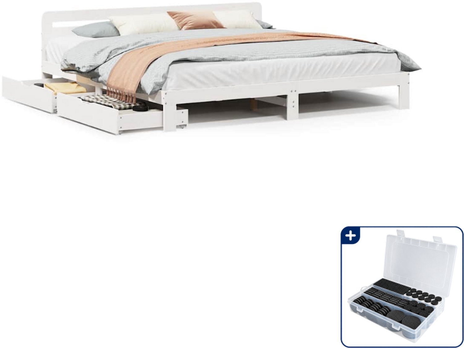 vidaXL Bedframe met 2 lades - Super kingsize - 200 x 200 cm - wit - Inclusief antikrasvilt 177-delig Bruin