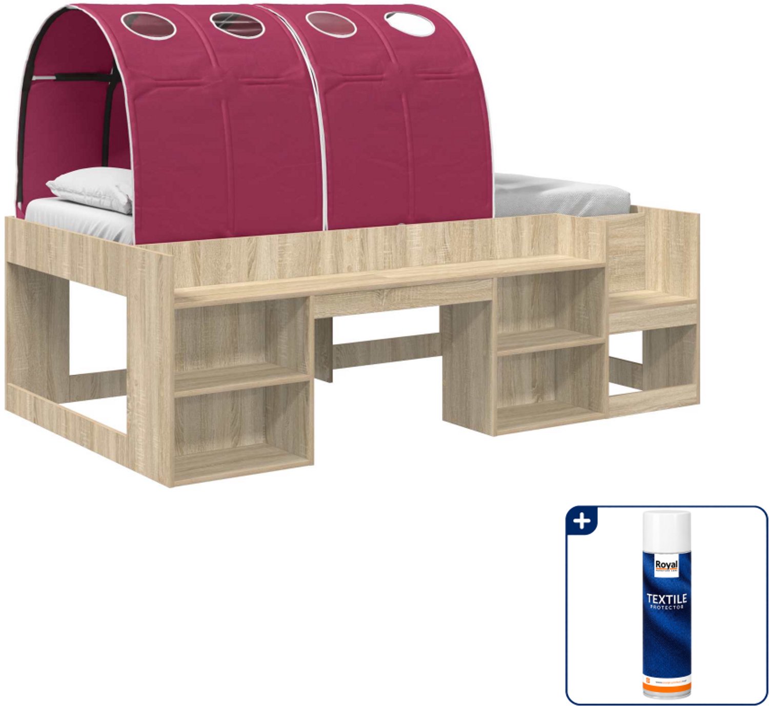 vidaXL loftbed met tunnel - 100 x 200 cm - bewerkt hout - eiken/rood - Inclusief textielbeschermer 500 ml Bruin