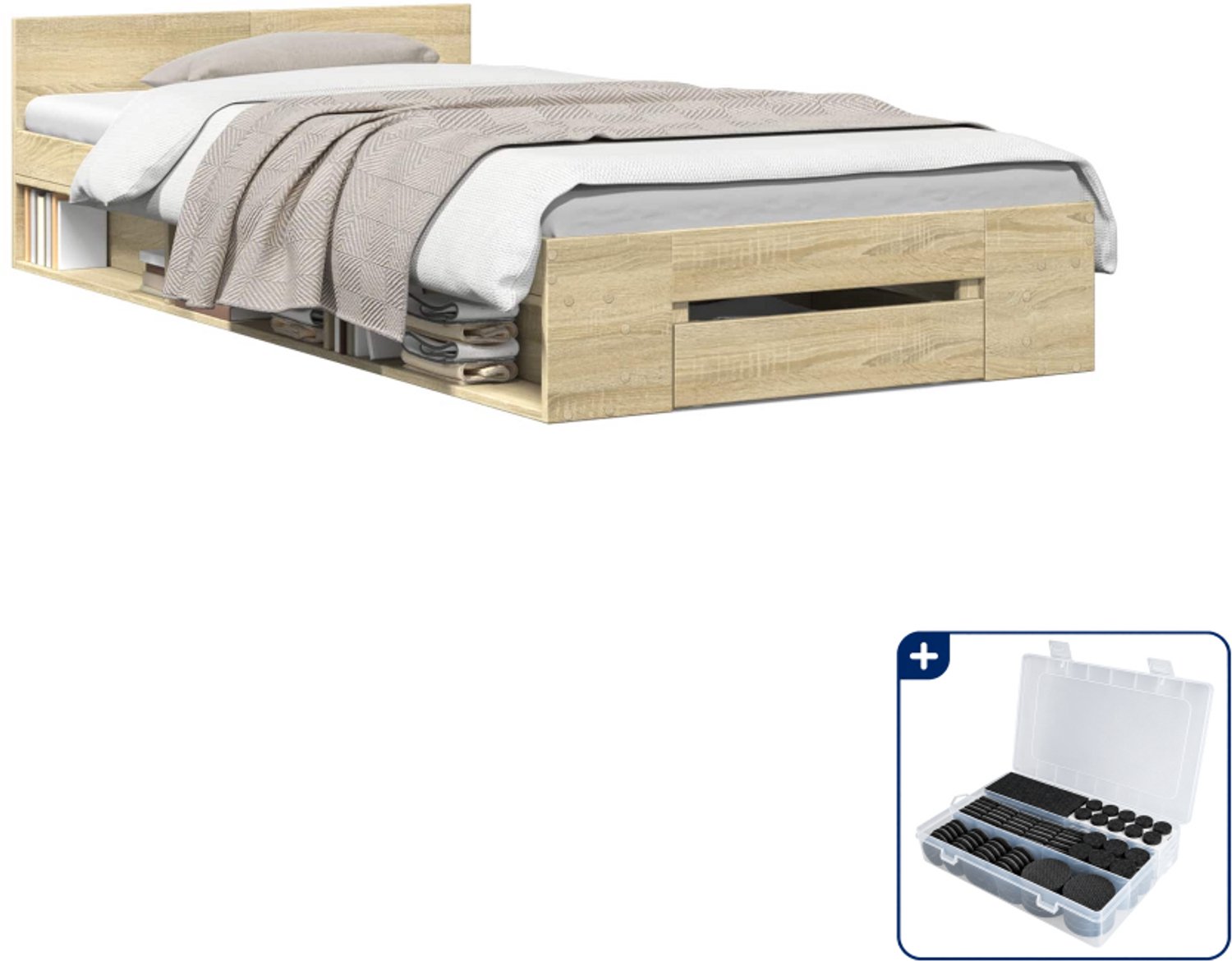 vidaXL bedframe met opslag - 80 x 200 cm - bewerkt hout - sonoma eiken - Inclusief antikrasvilt 177-delig Bruin