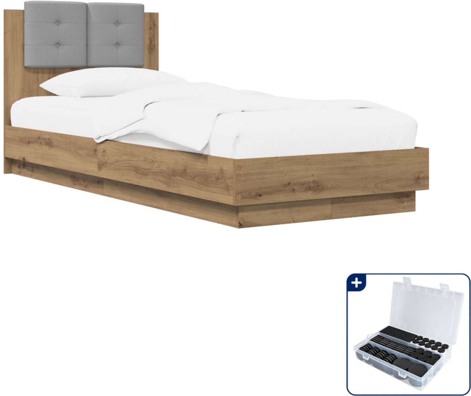 vidaXL bedframe met hoofdeinde - 80 x 200 cm - bewerkt hout - eiken - Inclusief antikrasvilt 177-delig Bruin