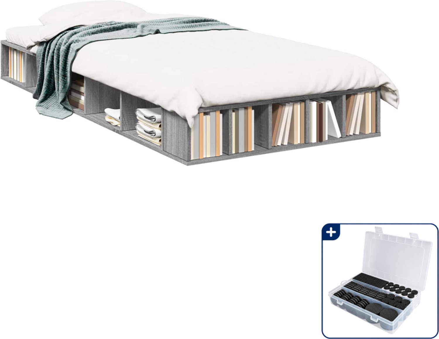 vidaXL bedframe met opbergruimte - 80 x 200 cm - bewerkt hout - grijs - Inclusief antikrasvilt 177-delig