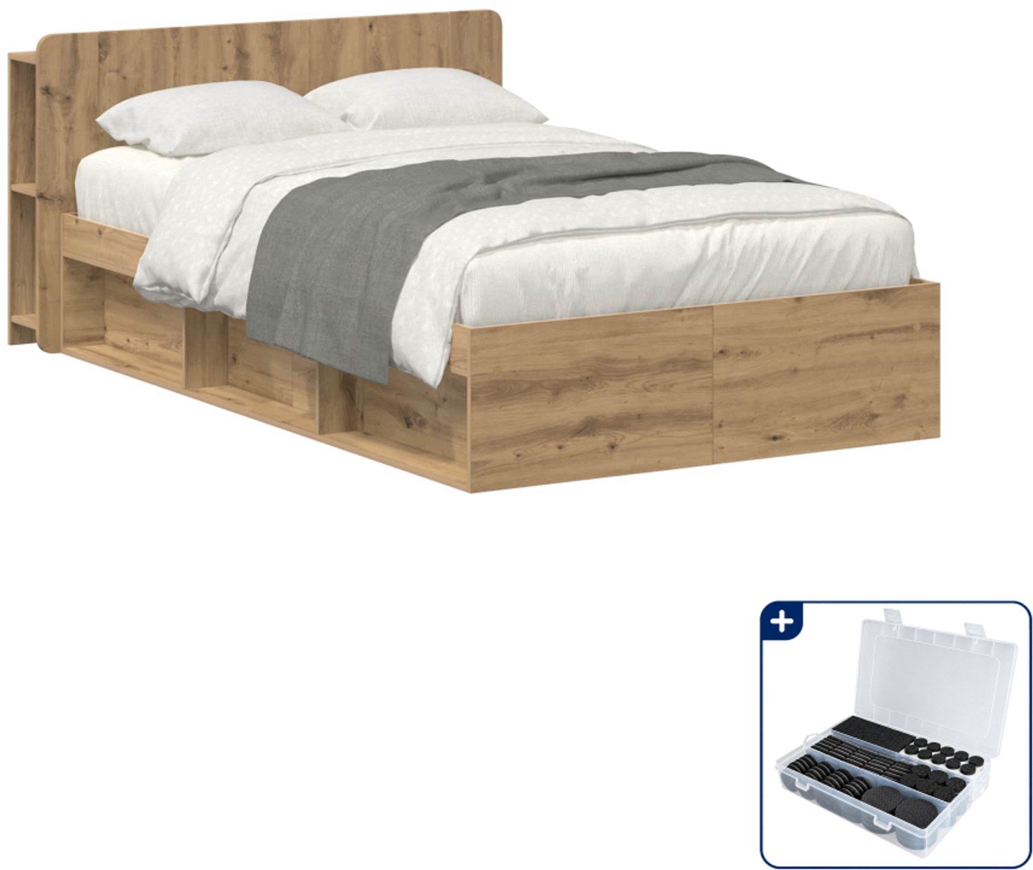 vidaXL bedframe met opslag - 120 x 190 cm - bewerkt hout - eiken - Inclusief antikrasvilt 177-delig Bruin