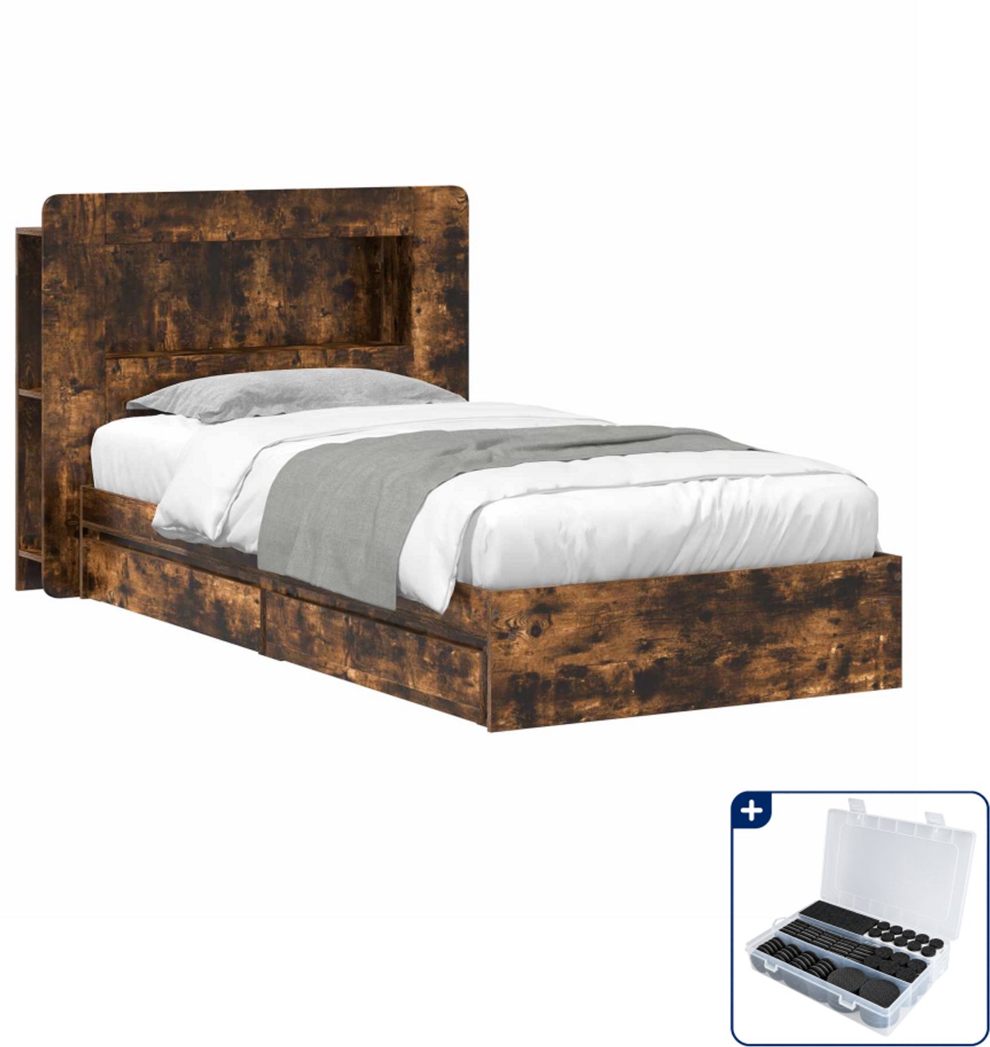 vidaXL bedframe met opslag - 75 x 190 cm - bewerkt hout - gerookt eiken - Inclusief antikrasvilt 177-delig Bruin