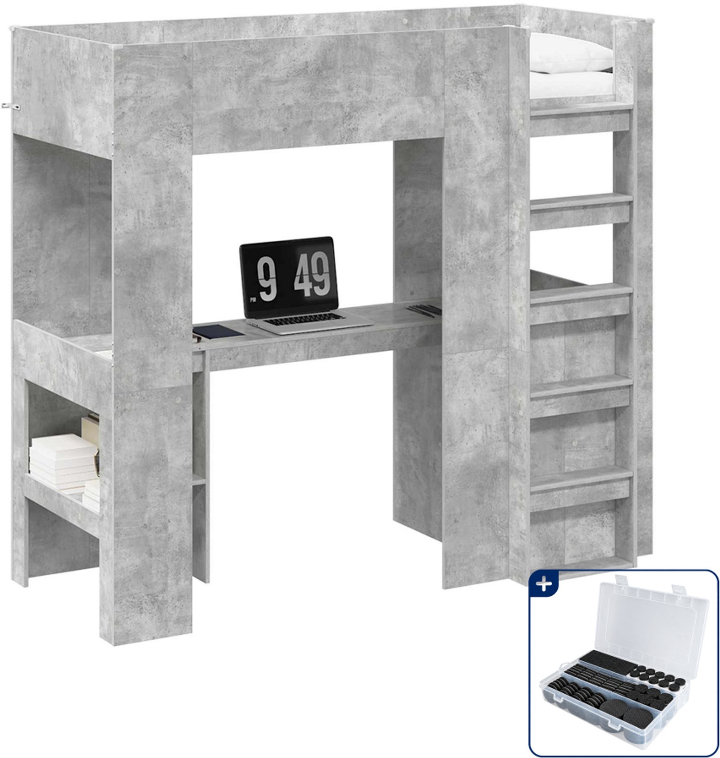 vidaXL loftbed met bureau - 75 x 190 cm - bewerkt hout - beton grijs - Inclusief antikrasvilt 177-delig Zwart