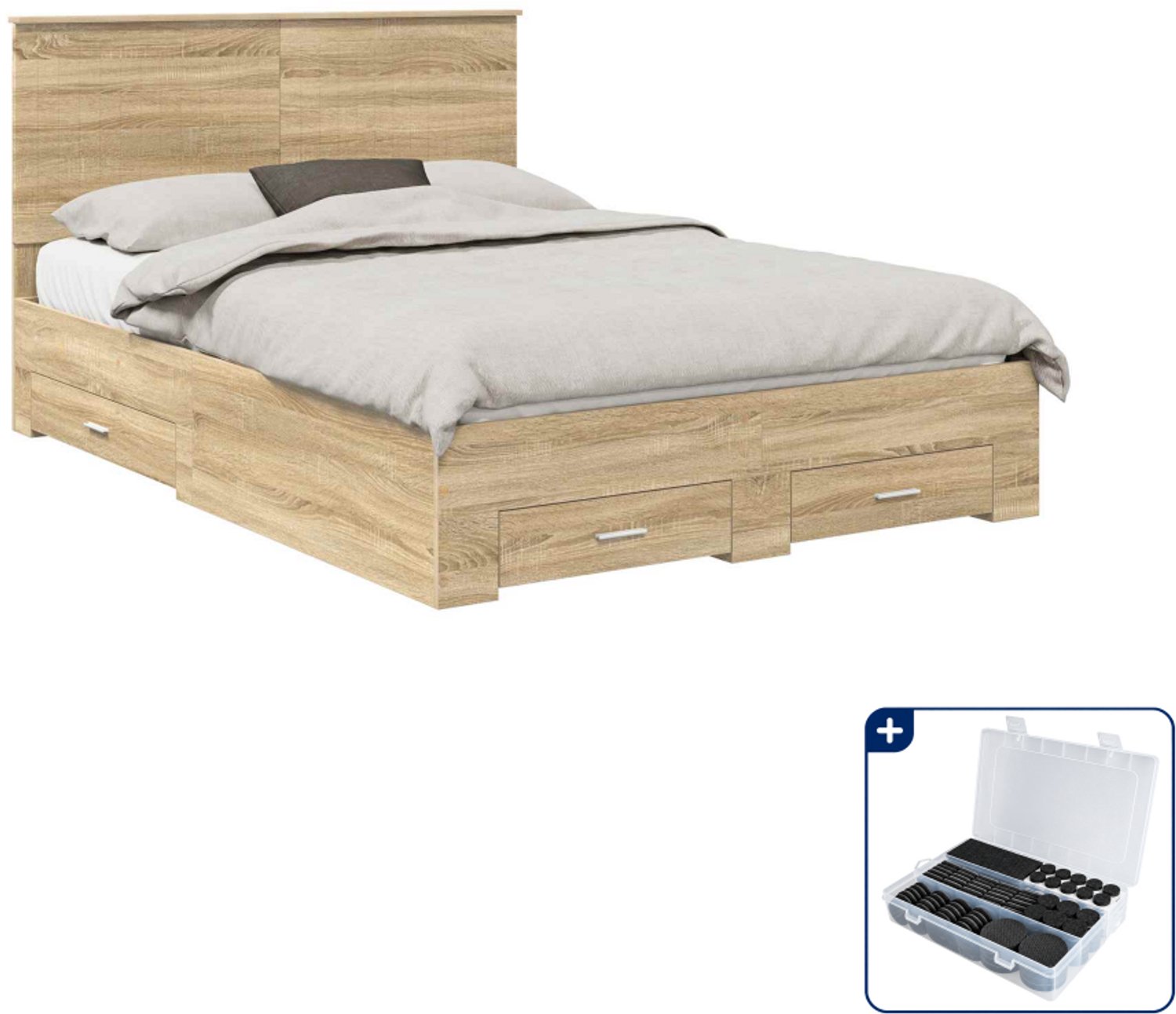 vidaXL bedframe met lade - 140 x 190 cm - bewerkt hout - sonoma eiken - Inclusief antikrasvilt 177-delig Bruin