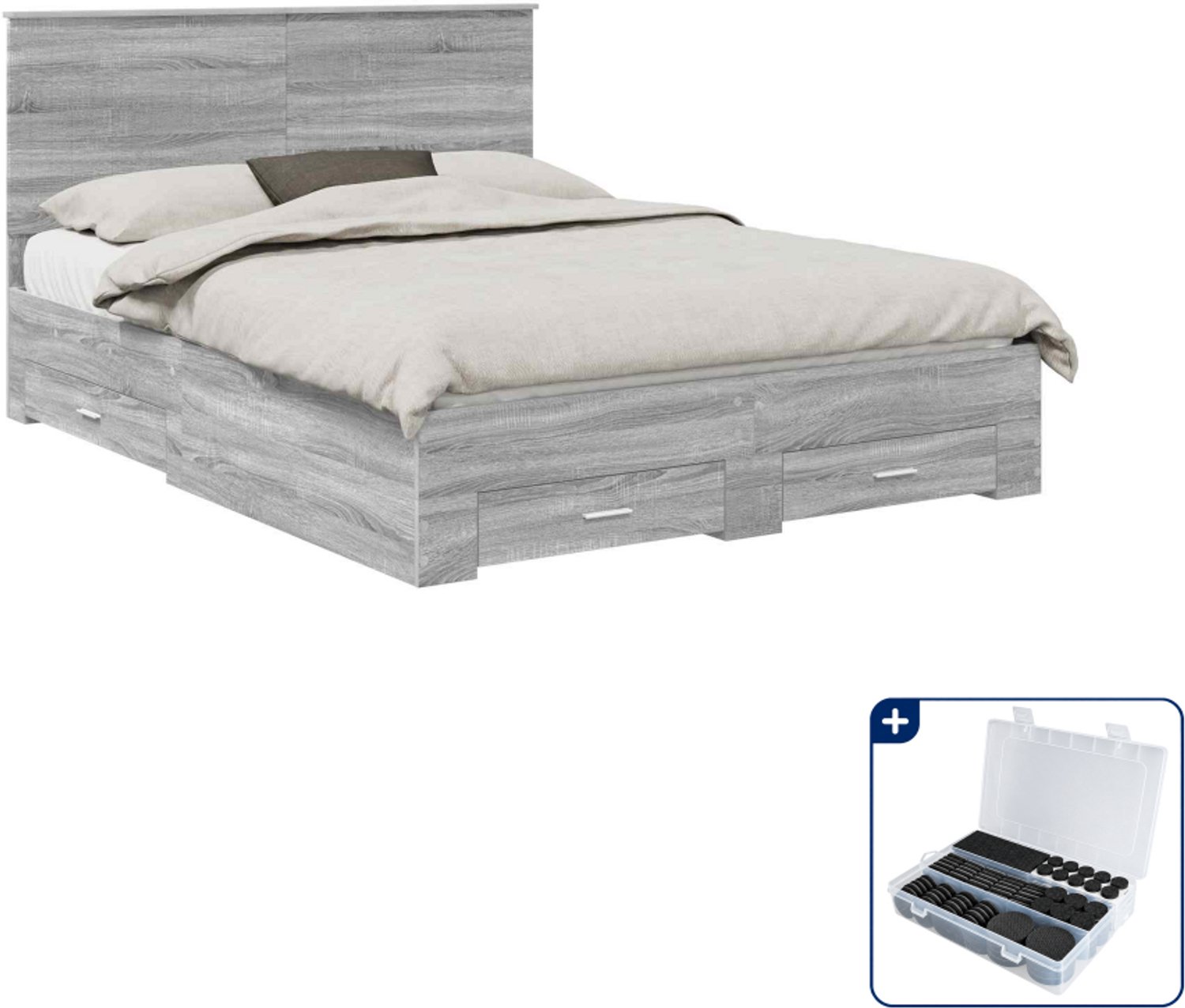 vidaXL bedframe met lade - 150 x 200 cm - bewerkt hout - grijs sonoma - Inclusief antikrasvilt 177-delig