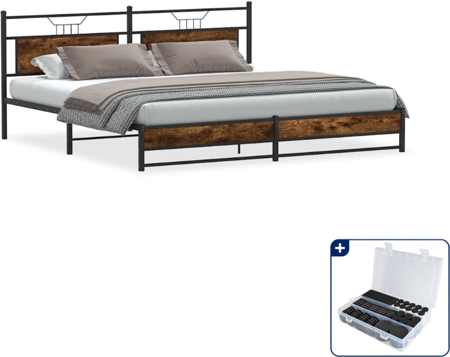 vidaXL Bedframe - 200 x 200 cm - staal en bewerkt hout - gerookt eiken - Inclusief antikrasvilt 177-delig Bruin