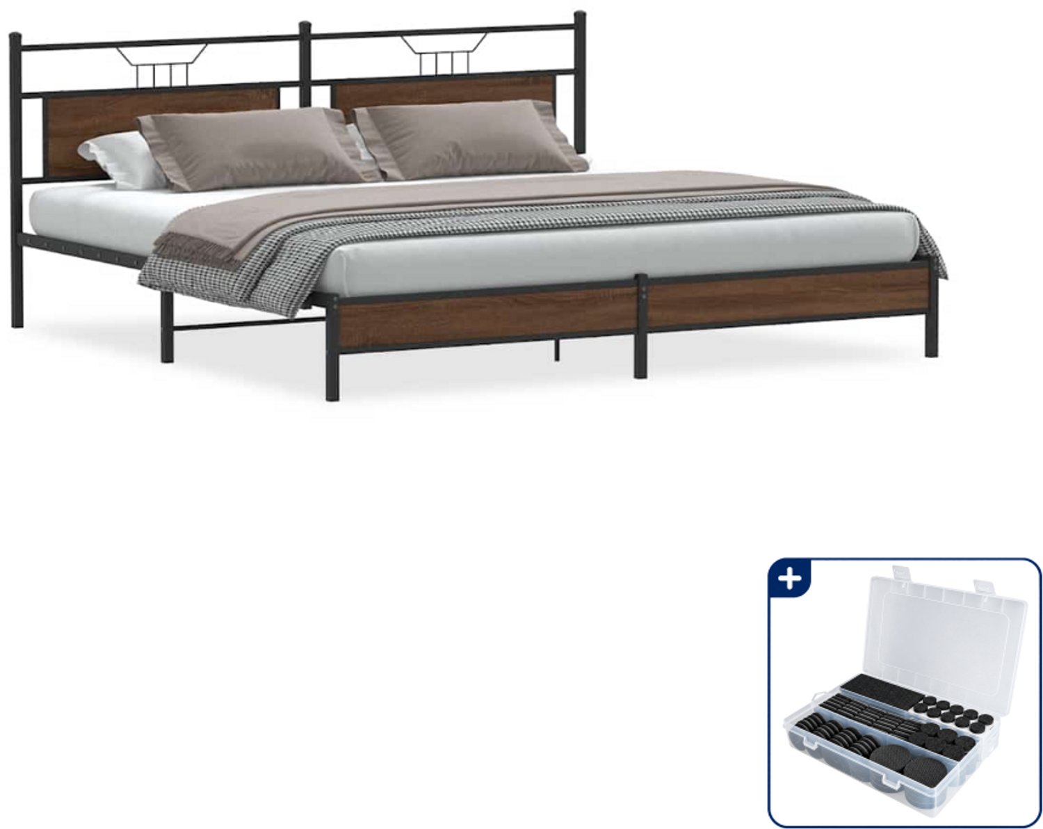 vidaXL bedframe - 193 x 203 cm - staal en bewerkt hout - bruineiken - Inclusief antikrasvilt 177-delig
