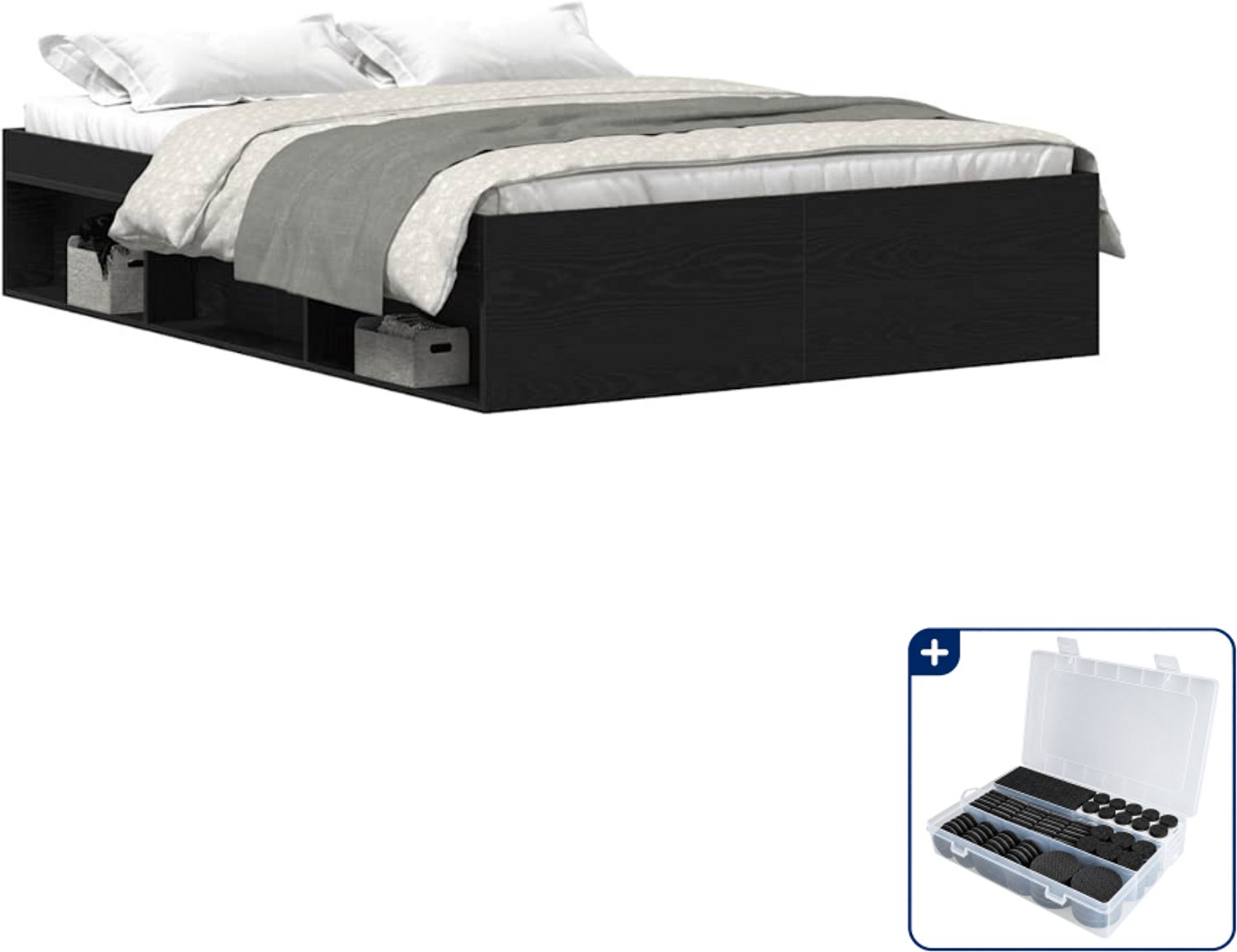 vidaXL Bedframe - 140 x 190 cm - bewerkt hout - zwart eikenkleur - Inclusief antikrasvilt 177-delig Grijs