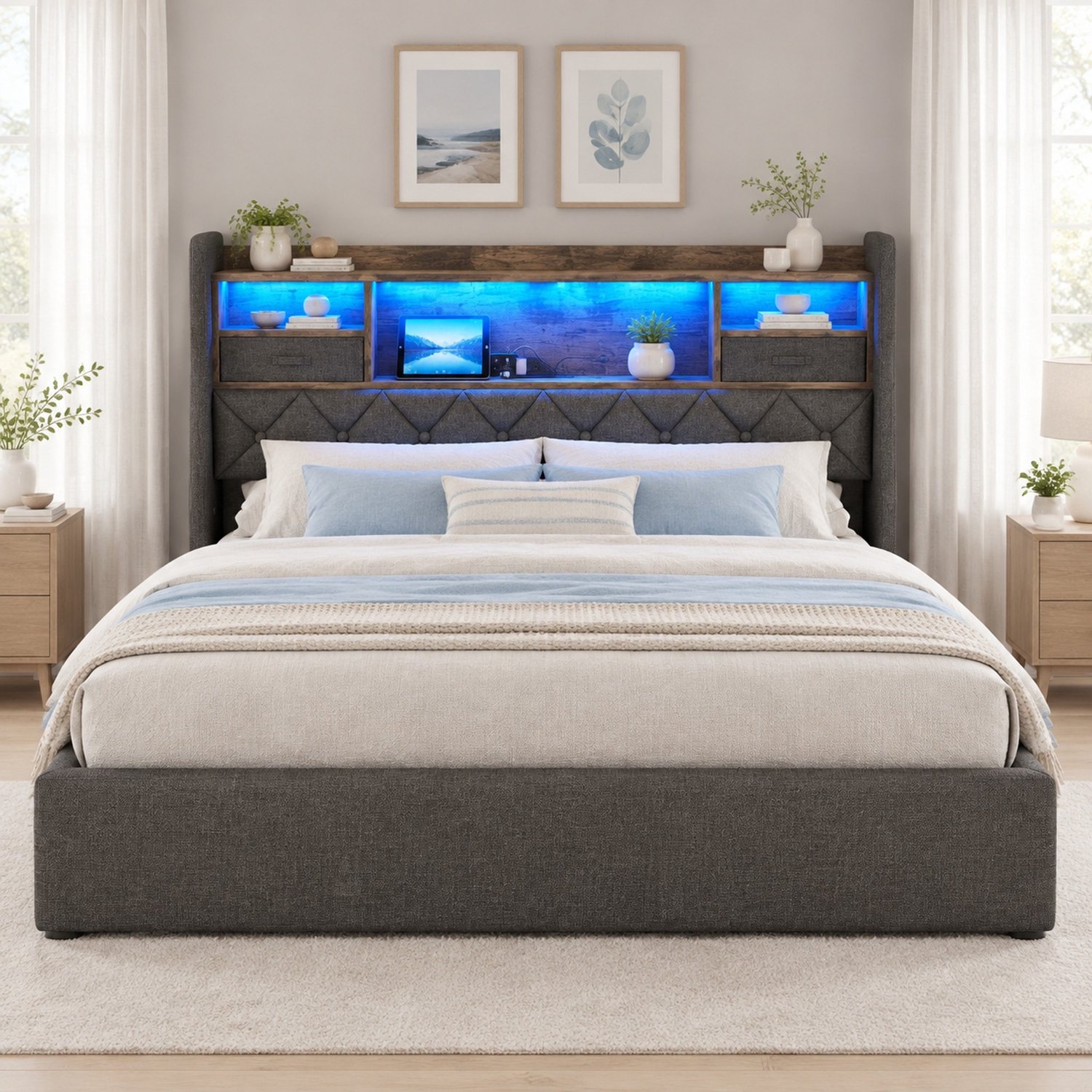 Maisentiel Gestoffeerd bed 140 x 200 cm - grijs linnen - opbergruimte, LED en lattenbodem