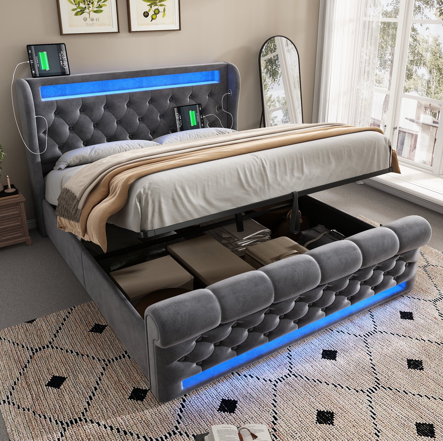 Maisentiel Gestoffeerd tweepersoonsbed 140 x 190 cm – grijs fluweel, opbergruimte, led en USB-C