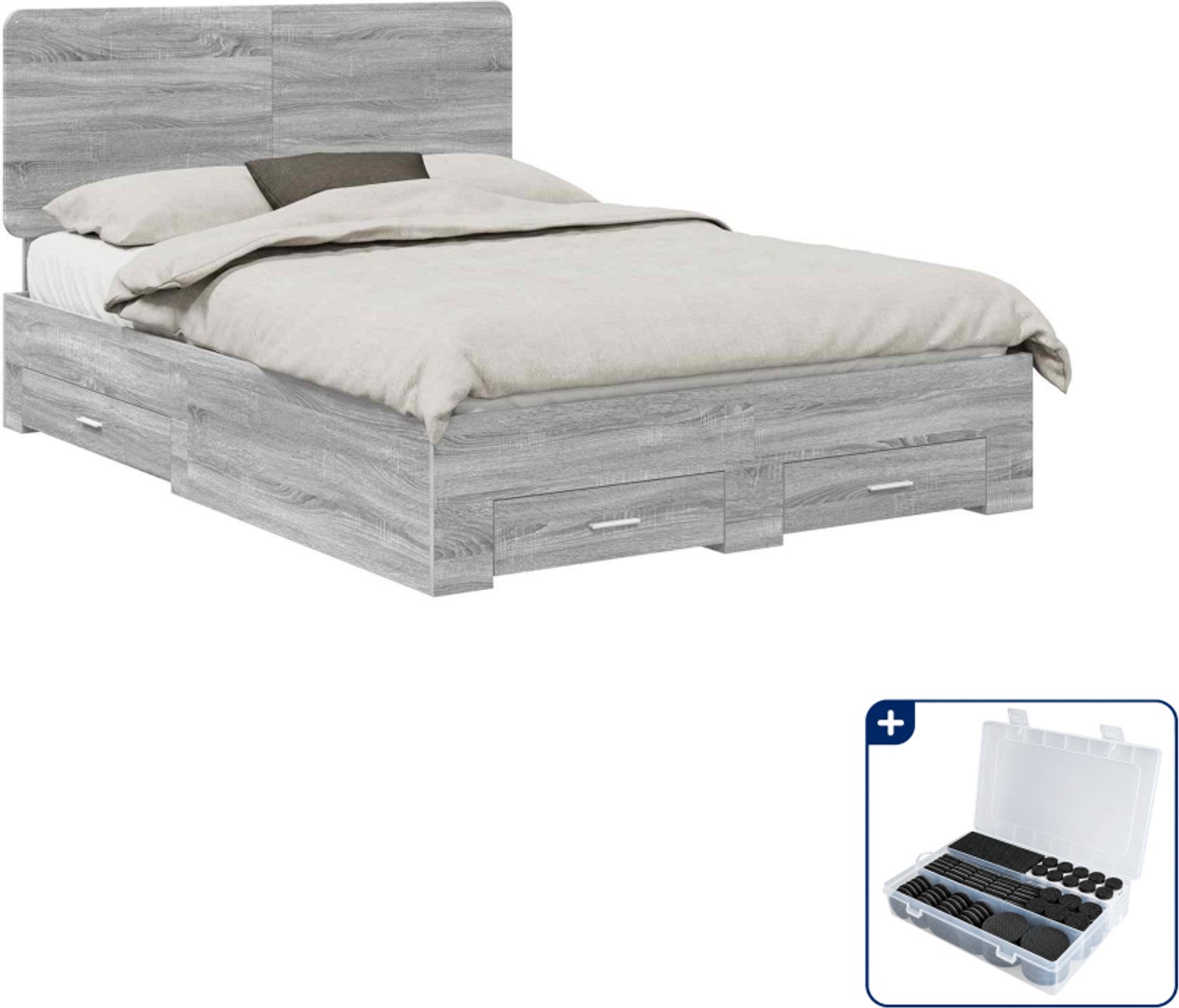 vidaXL Queensize bedframe met lade - 160 x 200 cm - bewerkt hout - grijs - Inclusief antikrasvilt 177-delig