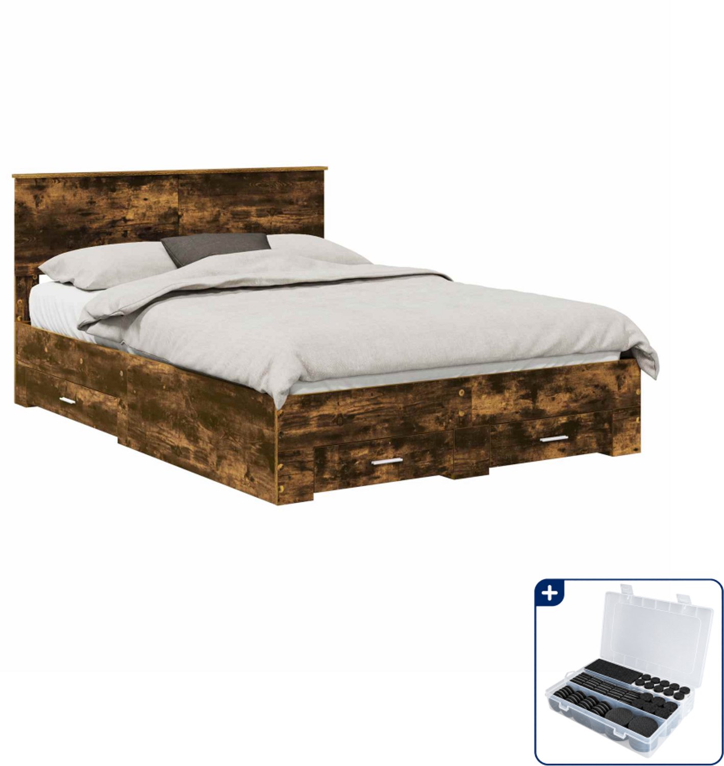 vidaXL bedframe - 150 x 200 cm - bewerkt hout - gerookt eiken - Inclusief antikrasvilt 177-delig Bruin