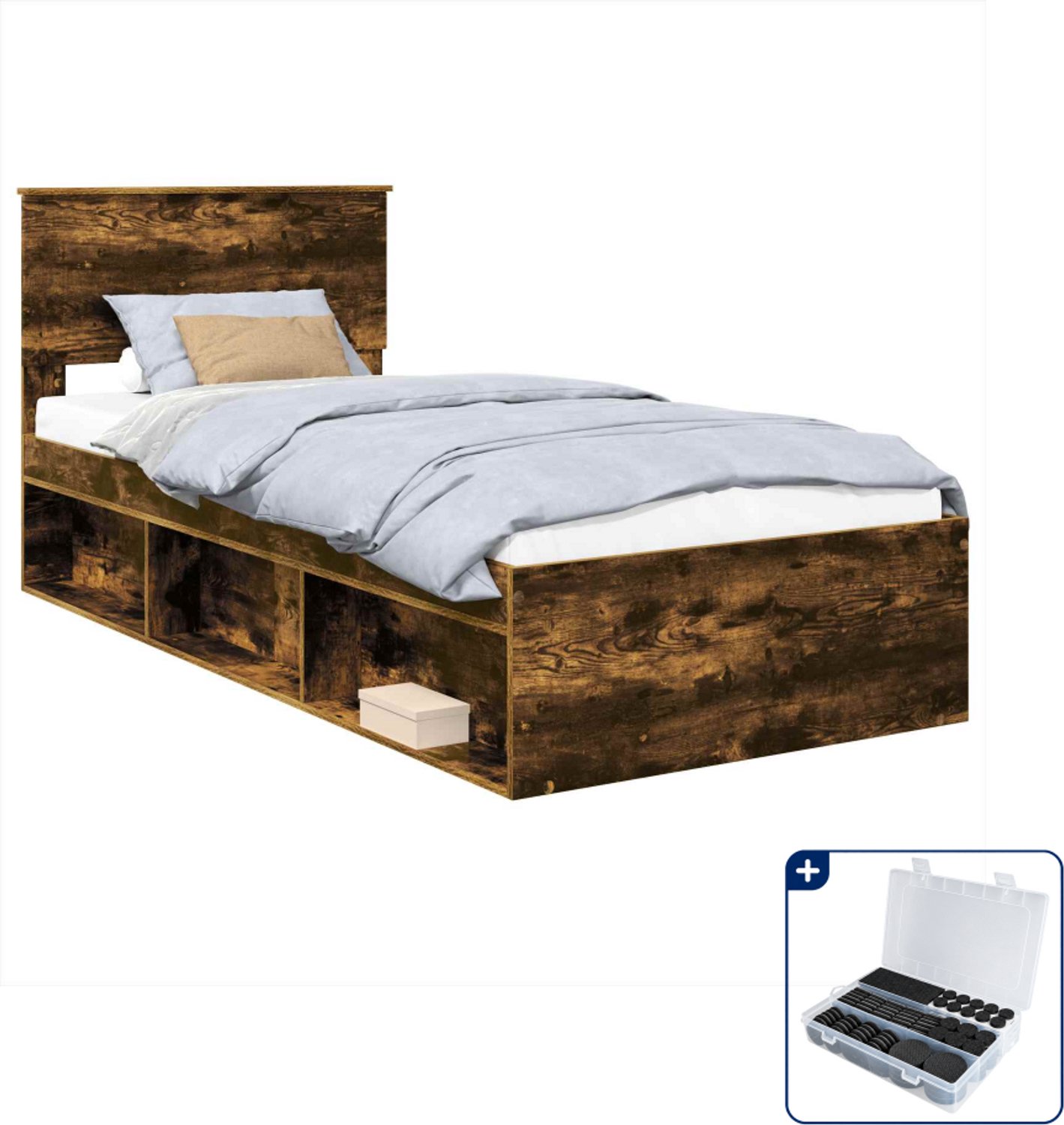 vidaXL bedframe met hoofdeinde - 90 x 190 cm - bewerkt hout - gerookt eiken - Inclusief antikrasvilt 177-delig Grijs