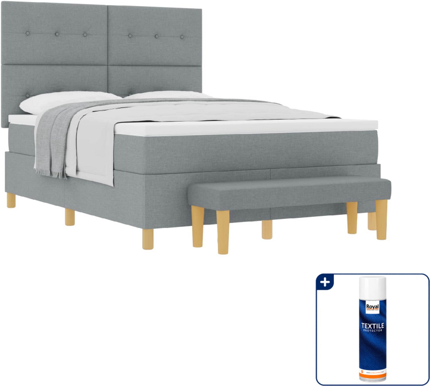 vidaXL boxspring met bank - Small double - 140 x 200 cm - lichtgrijs - Inclusief textielbeschermer 500 ml