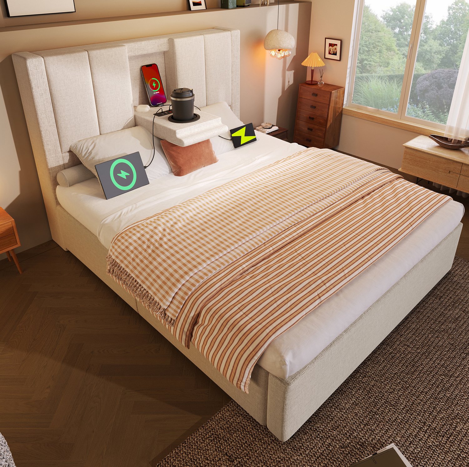 Maisentiel Gestoffeerd eenpersoonsbed 90 x 200 cm - beige - opbergruimte en oplaadstation