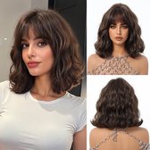 Namajunas Bruine Korte Pruik - Pruiken Dames Kort - Wig - Bob - Golvend haar - Verstelbaar - Wasbaar - Donker Bruin - 25 cm